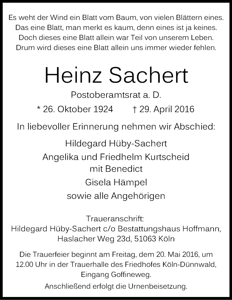  Traueranzeige für Heinz Sachert vom 14.05.2016 aus Kölner Stadt-Anzeiger / Kölnische Rundschau / Express