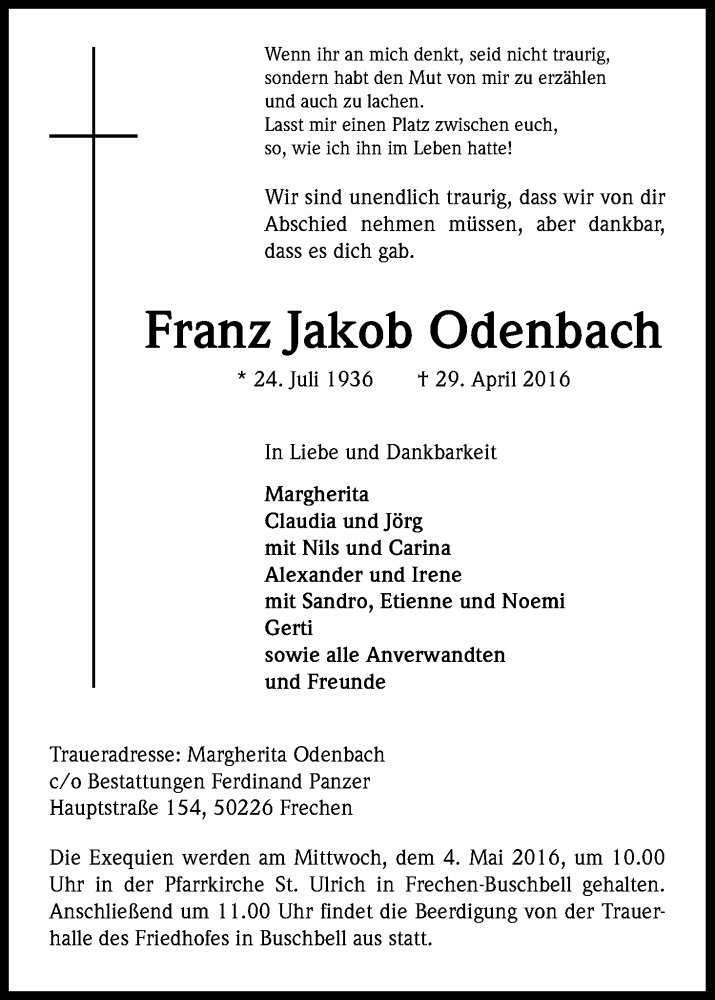  Traueranzeige für Franz Jakob Odenbach vom 03.05.2016 aus Kölner Stadt-Anzeiger / Kölnische Rundschau / Express