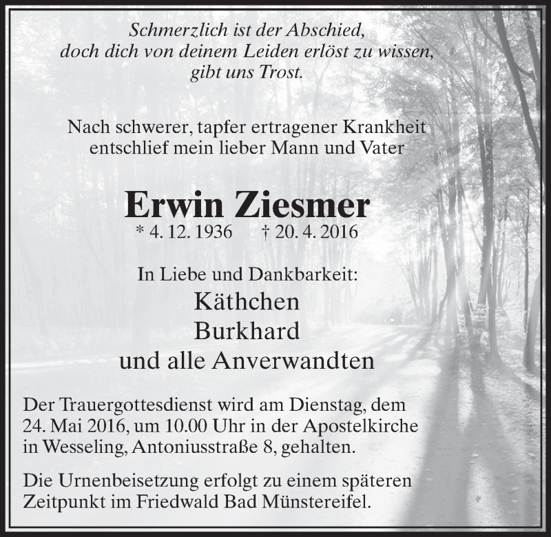 Traueranzeige für Erwin Ziesmer vom 18.05.2016 aus  Schlossbote/Werbekurier 