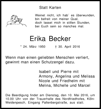 Anzeige von Erika Becker von Kölner Stadt-Anzeiger / Kölnische Rundschau / Express
