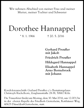 Anzeige von Dorothee Hannappel von Kölner Stadt-Anzeiger / Kölnische Rundschau / Express