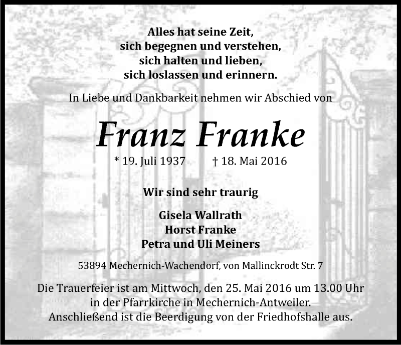 Traueranzeige für Franz Franke vom 23.05.2016 aus Kölner Stadt-Anzeiger / Kölnische Rundschau / Express
