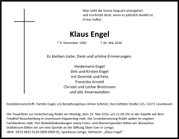 Anzeige von Klaus Engel von Kölner Stadt-Anzeiger / Kölnische Rundschau / Express