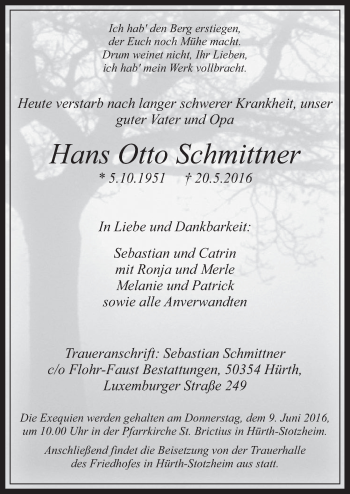 Anzeige von Hans Otto Schmittner von  Wochenende 