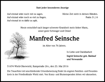 Anzeige von Manfred Seinsche von Kölner Stadt-Anzeiger / Kölnische Rundschau / Express
