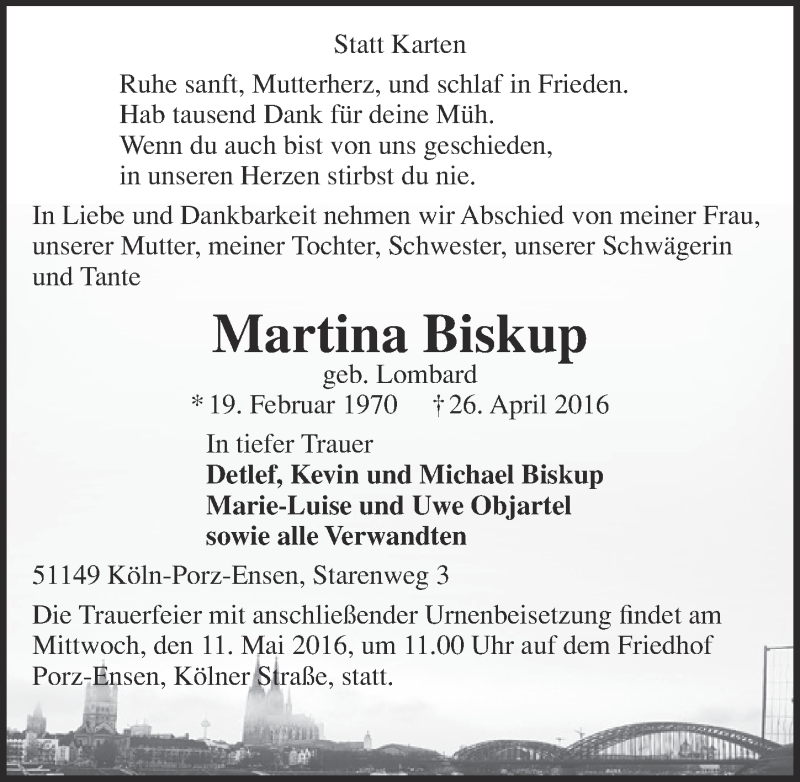  Traueranzeige für Martina Biskup vom 04.05.2016 aus  Kölner Wochenspiegel 
