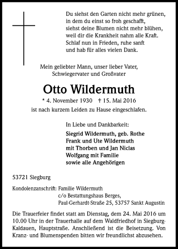 Anzeige von Otto Wildermuth von Kölner Stadt-Anzeiger / Kölnische Rundschau / Express