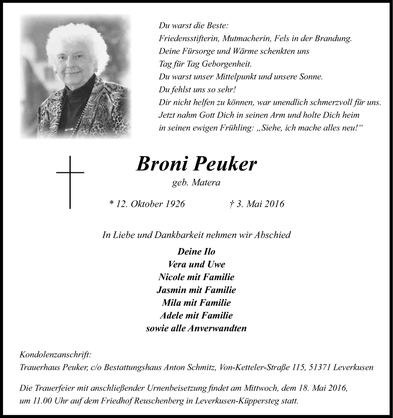  Traueranzeige für Broni Peuker vom 14.05.2016 aus Kölner Stadt-Anzeiger / Kölnische Rundschau / Express