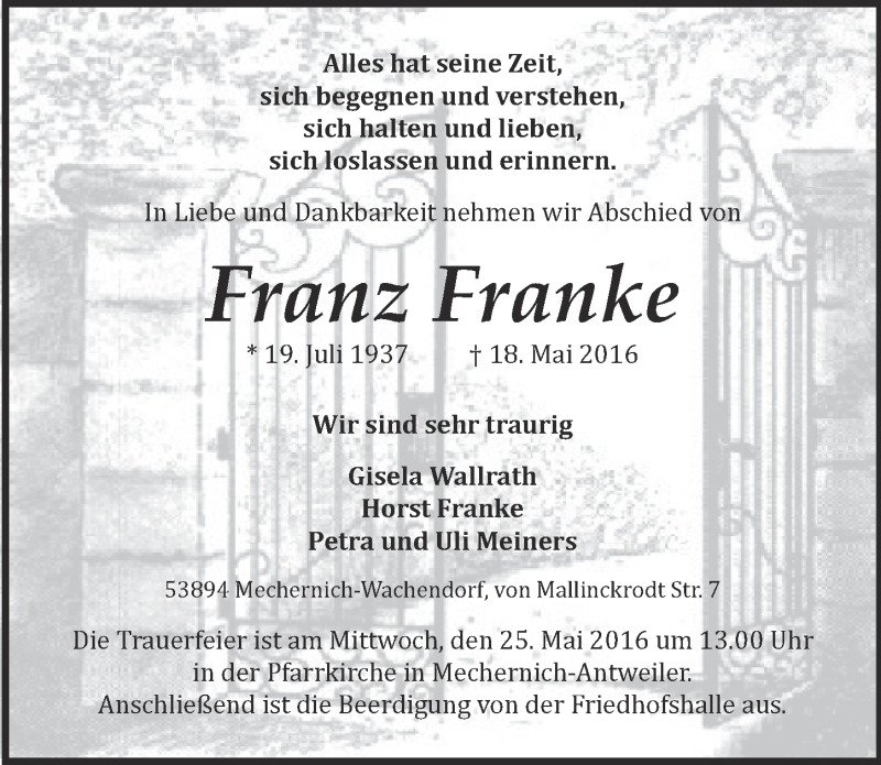  Traueranzeige für Franz Franke vom 21.05.2016 aus  Blickpunkt Euskirchen 
