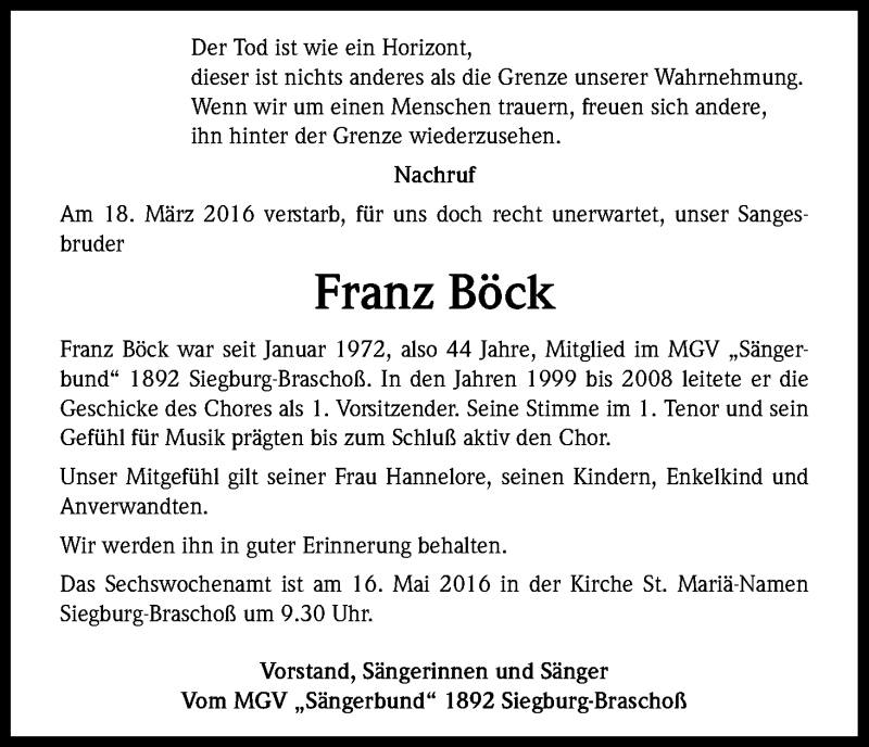  Traueranzeige für Franz Böck vom 07.05.2016 aus Kölner Stadt-Anzeiger / Kölnische Rundschau / Express