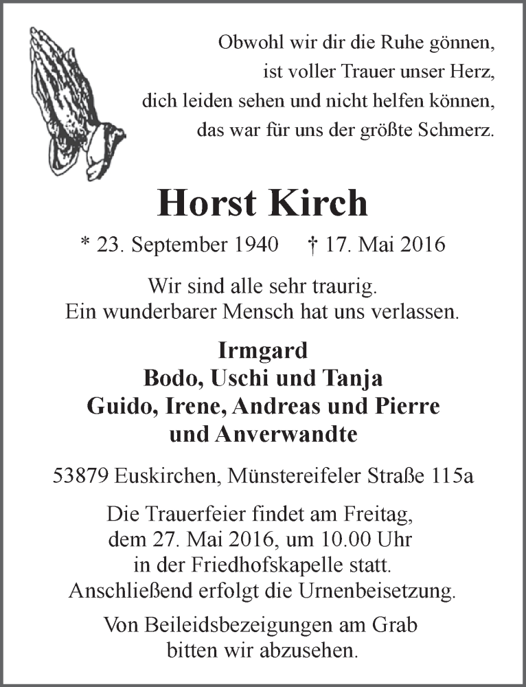  Traueranzeige für Horst Kirch vom 21.05.2016 aus  Blickpunkt Euskirchen 