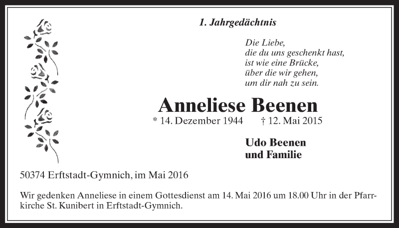  Traueranzeige für Anneliese Beenen vom 11.05.2016 aus  Werbepost 