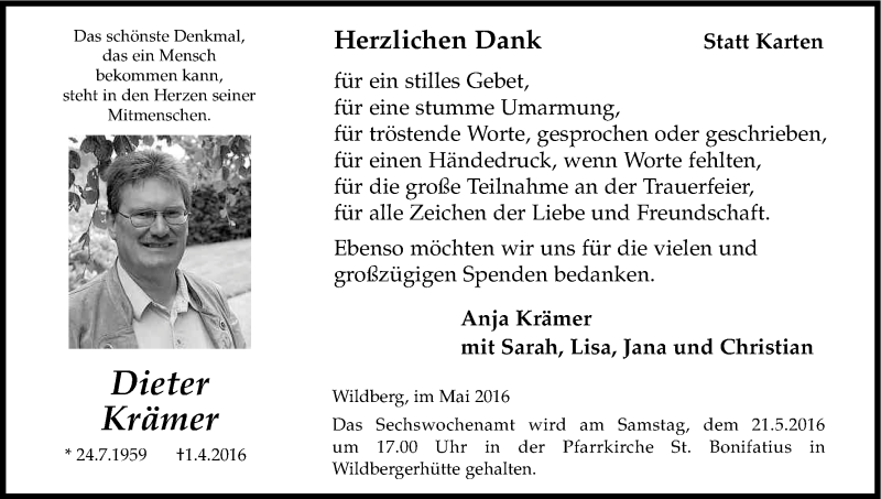  Traueranzeige für Dieter Krämer vom 14.05.2016 aus Kölner Stadt-Anzeiger / Kölnische Rundschau / Express