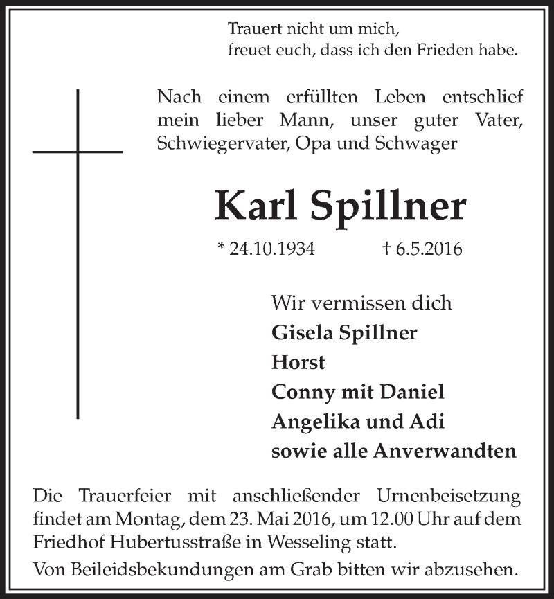  Traueranzeige für Karl Spillner vom 18.05.2016 aus  Schlossbote/Werbekurier 