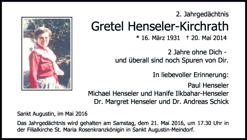  Traueranzeige für Margarete Henseler-Kirchrath vom 19.05.2016 aus Kölner Stadt-Anzeiger / Kölnische Rundschau / Express