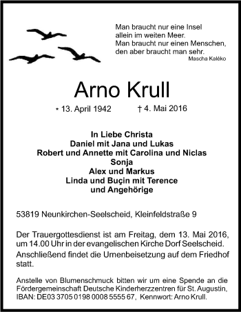 Anzeige von Arno Krull von Kölner Stadt-Anzeiger / Kölnische Rundschau / Express