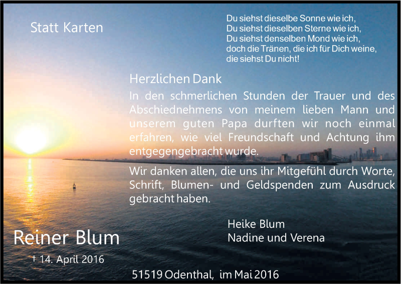  Traueranzeige für Reiner Blum vom 21.05.2016 aus Kölner Stadt-Anzeiger / Kölnische Rundschau / Express