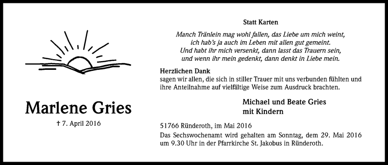  Traueranzeige für Marlene Gries vom 21.05.2016 aus Kölner Stadt-Anzeiger / Kölnische Rundschau / Express