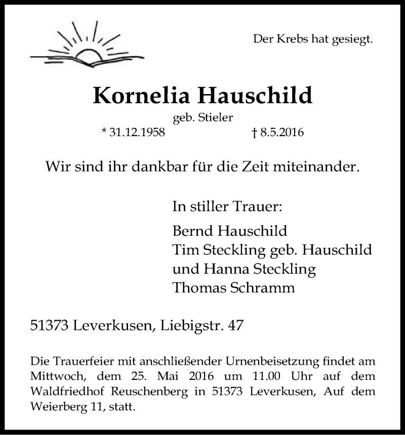  Traueranzeige für Kornelia Hauschild vom 21.05.2016 aus Kölner Stadt-Anzeiger / Kölnische Rundschau / Express