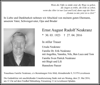 Anzeige von Ernst August Rudolf Neukranz von Kölner Stadt-Anzeiger / Kölnische Rundschau / Express