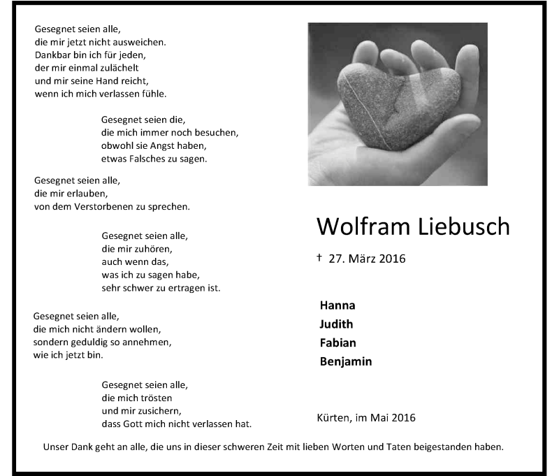  Traueranzeige für Wolfram Liebusch vom 07.05.2016 aus Kölner Stadt-Anzeiger / Kölnische Rundschau / Express