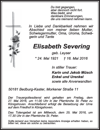 Anzeige von Elisabeth Severing von  Sonntags-Post 