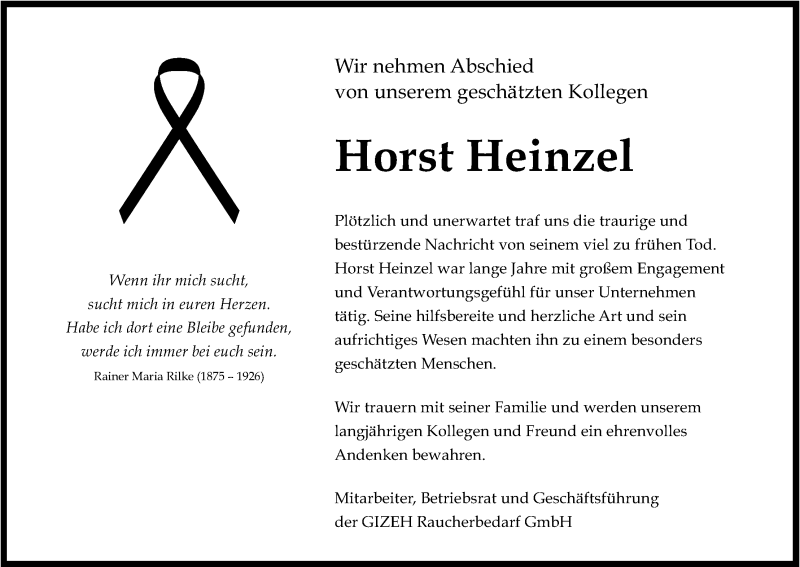  Traueranzeige für Horst Heinzel vom 25.05.2016 aus Kölner Stadt-Anzeiger / Kölnische Rundschau / Express