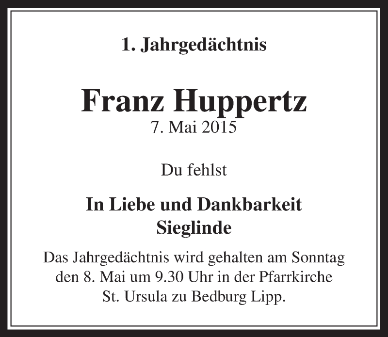  Traueranzeige für Franz Huppertz vom 04.05.2016 aus  Werbepost 