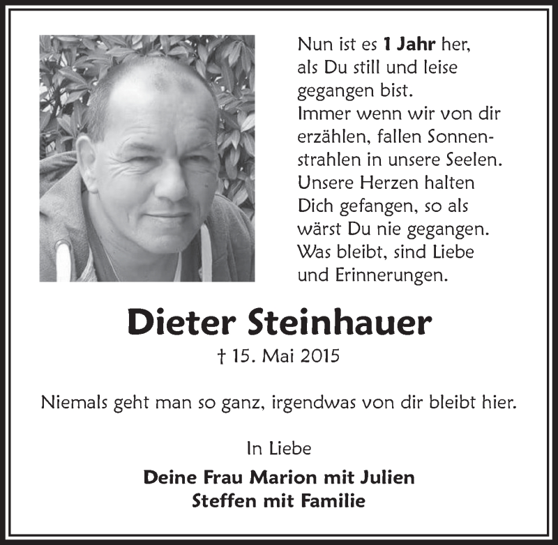  Traueranzeige für Dieter Steinhauer vom 18.05.2016 aus  Anzeigen Echo 