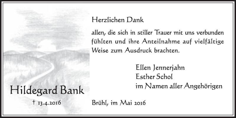 Traueranzeige für Hildegard Bank vom 18.05.2016 aus  Schlossbote/Werbekurier 