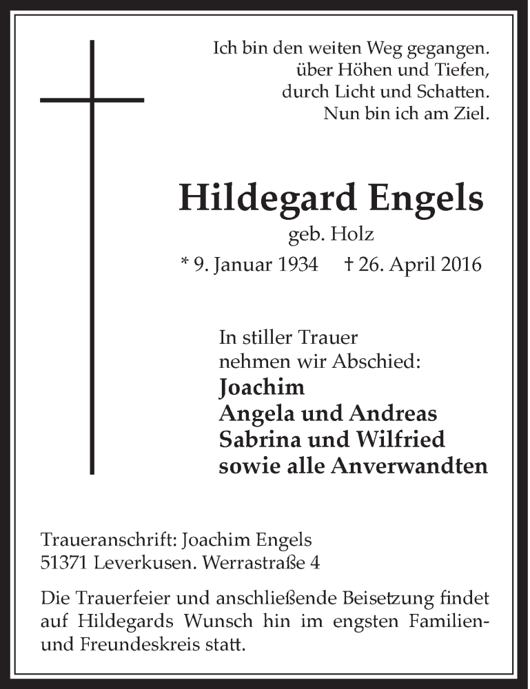 Traueranzeige für Hildegard Engels vom 04.05.2016 aus  Schaufenster/Blickpunkt 
