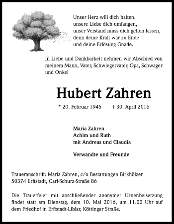 Anzeige von Hubert Zahren von Kölner Stadt-Anzeiger / Kölnische Rundschau / Express