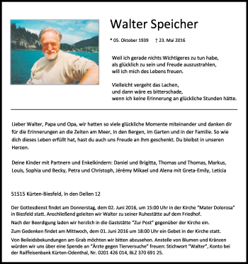 Anzeige von Walter Speicher von Kölner Stadt-Anzeiger / Kölnische Rundschau / Express