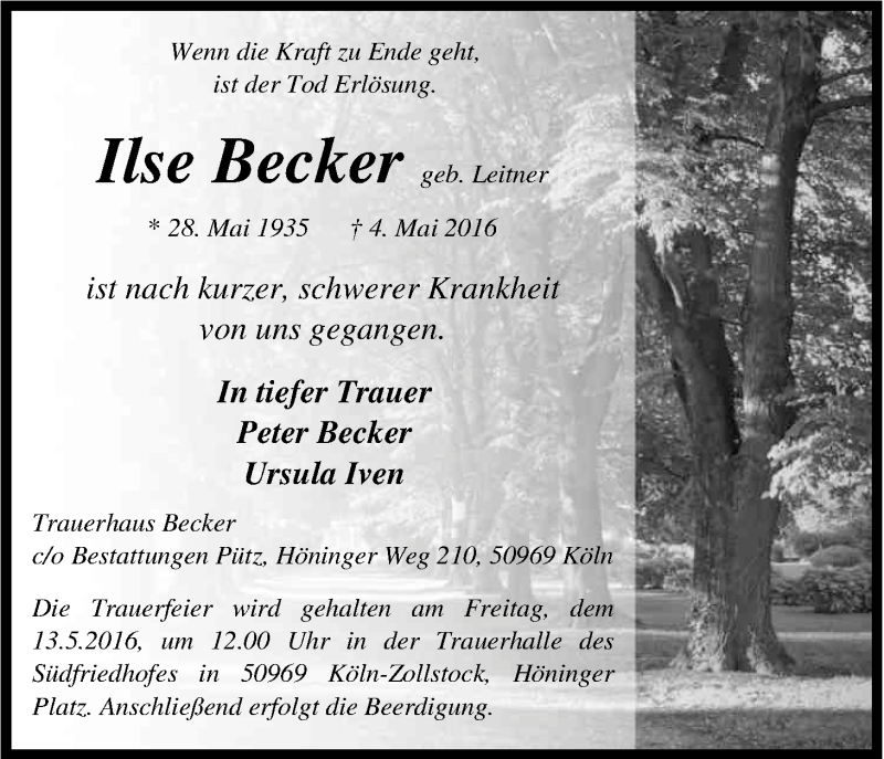  Traueranzeige für Ilse Becker vom 11.05.2016 aus Kölner Stadt-Anzeiger / Kölnische Rundschau / Express