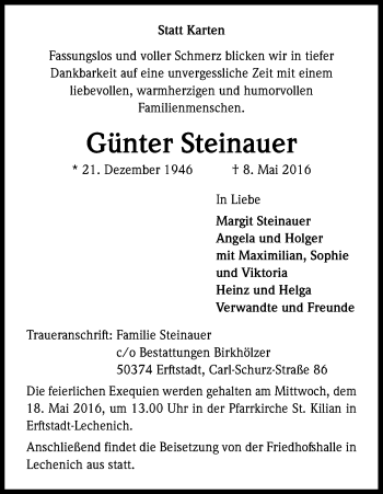 Anzeige von Günter Steinauer von Kölner Stadt-Anzeiger / Kölnische Rundschau / Express