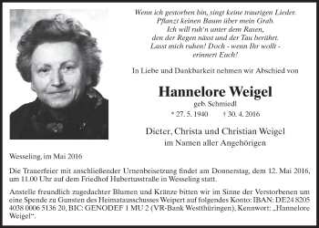 Anzeige von Hannelore Weigel von  Schlossbote/Werbekurier 