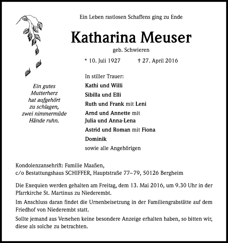  Traueranzeige für Katharina Meuser vom 11.05.2016 aus Kölner Stadt-Anzeiger / Kölnische Rundschau / Express