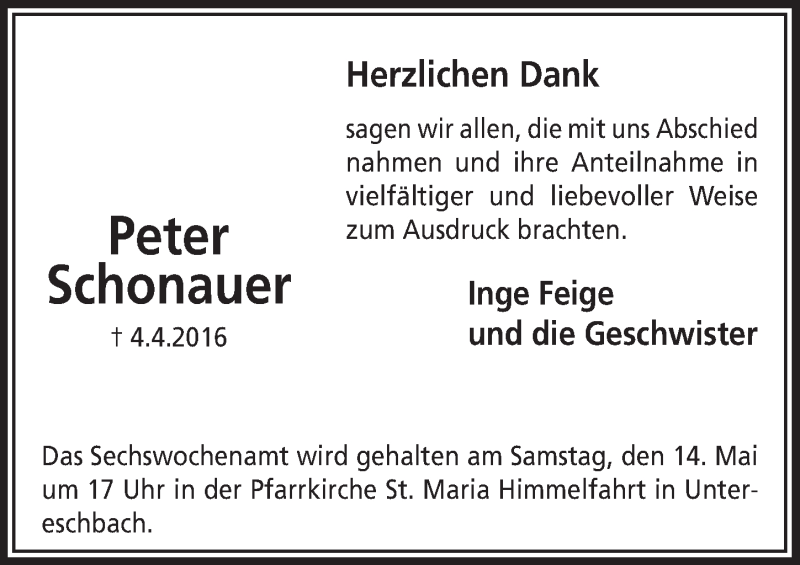  Traueranzeige für Peter Schonauer vom 11.05.2016 aus  Bergisches Handelsblatt 