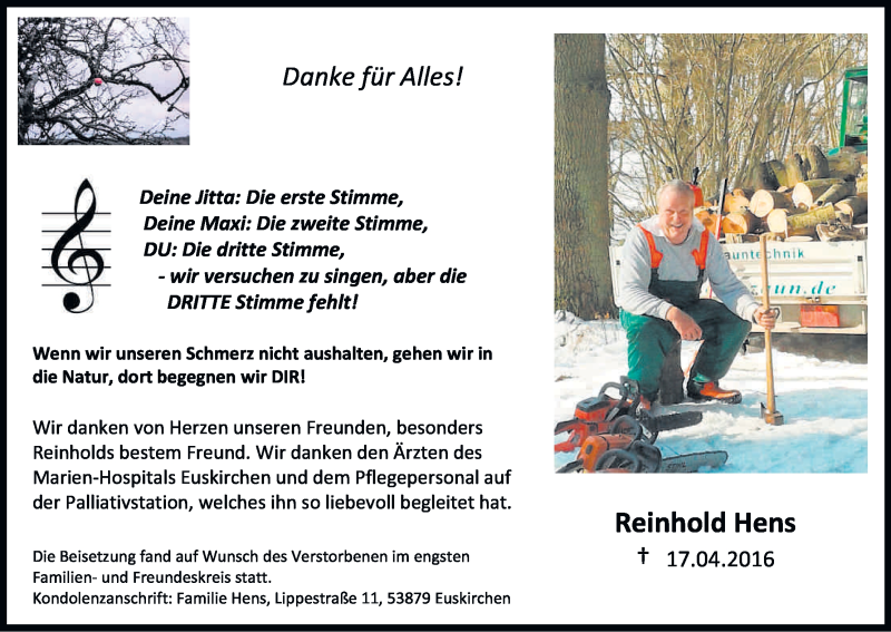  Traueranzeige für Reinhold Hens vom 07.05.2016 aus Kölner Stadt-Anzeiger / Kölnische Rundschau / Express