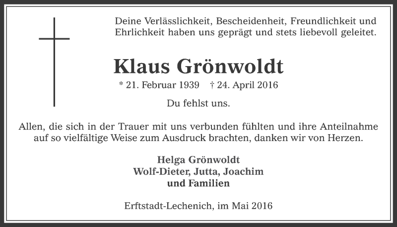  Traueranzeige für Klaus Grönwoldt vom 25.05.2016 aus  Werbepost 