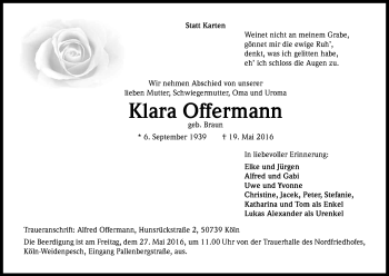 Anzeige von Klara Offermann von Kölner Stadt-Anzeiger / Kölnische Rundschau / Express