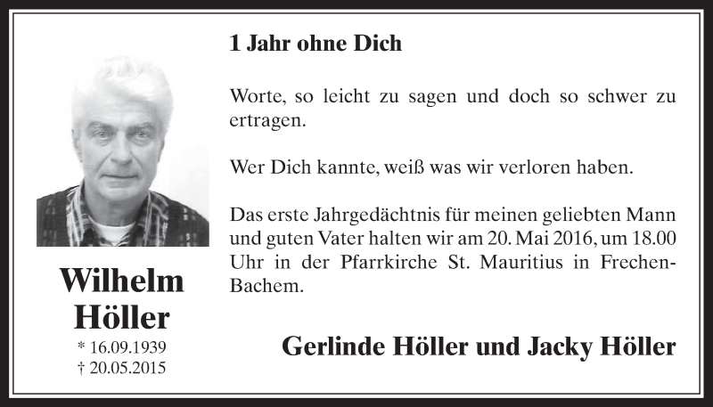  Traueranzeige für Wilhelm Höller vom 11.05.2016 aus  Wochenende 