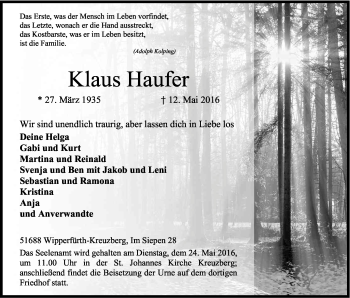 Anzeige von Klaus Haufer von Kölner Stadt-Anzeiger / Kölnische Rundschau / Express