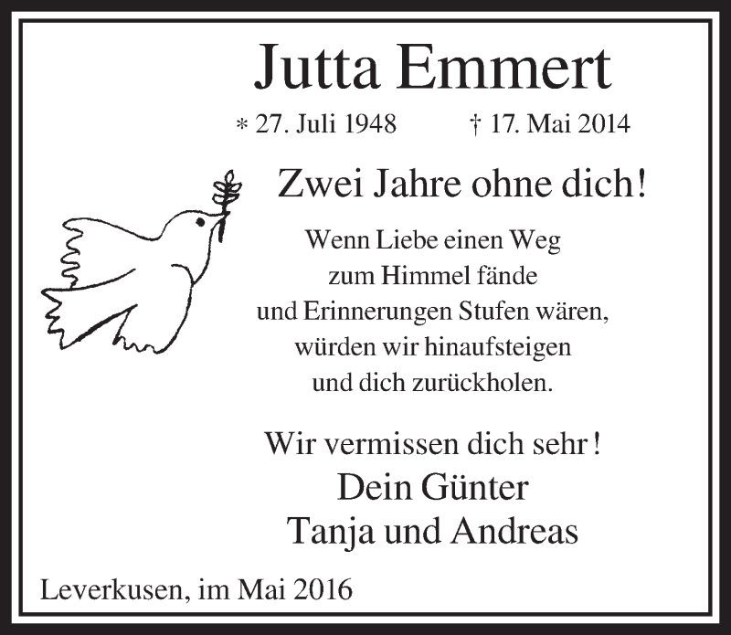 Traueranzeige für Jutta Emmert vom 18.05.2016 aus  Lokale Informationen 