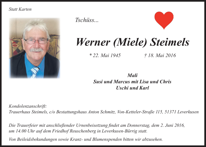  Traueranzeige für Werner Steimels vom 01.06.2016 aus  Lokale Informationen 
