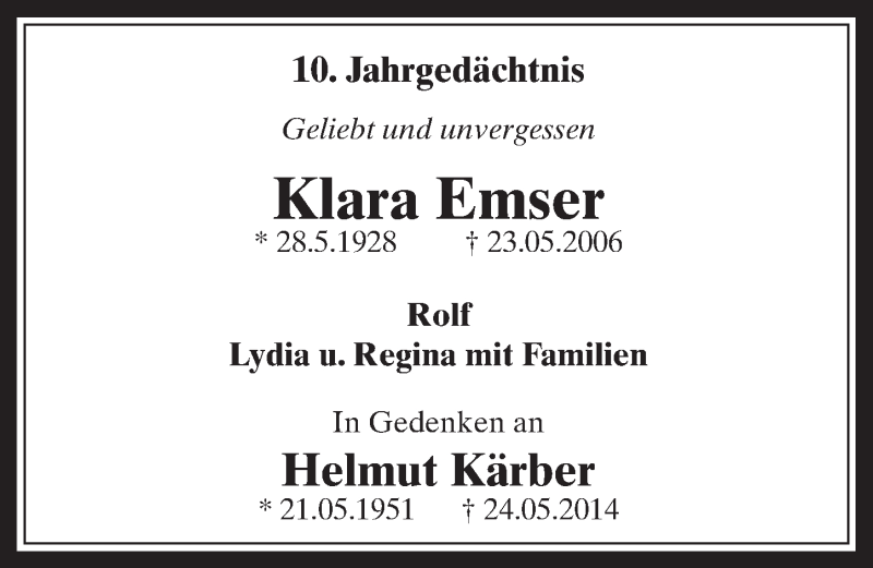  Traueranzeige für Klara Emser vom 25.05.2016 aus  Wochenende 