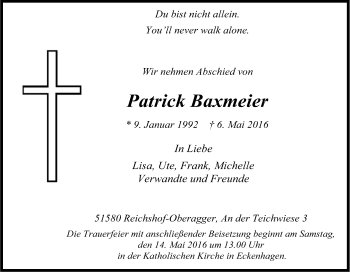 Anzeige von Patrick Baxmeier von Kölner Stadt-Anzeiger / Kölnische Rundschau / Express