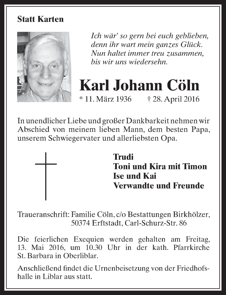  Traueranzeige für Karl Johann Cöln vom 11.05.2016 aus  Werbepost 