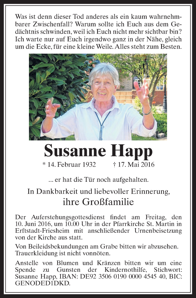  Traueranzeige für Susanne Happ vom 25.05.2016 aus  Werbepost 