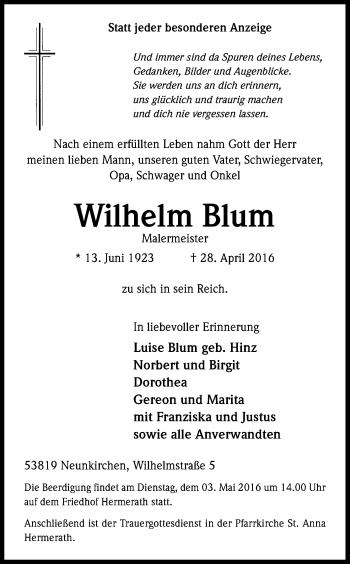 Anzeige von Wilhelm Blum von Kölner Stadt-Anzeiger / Kölnische Rundschau / Express